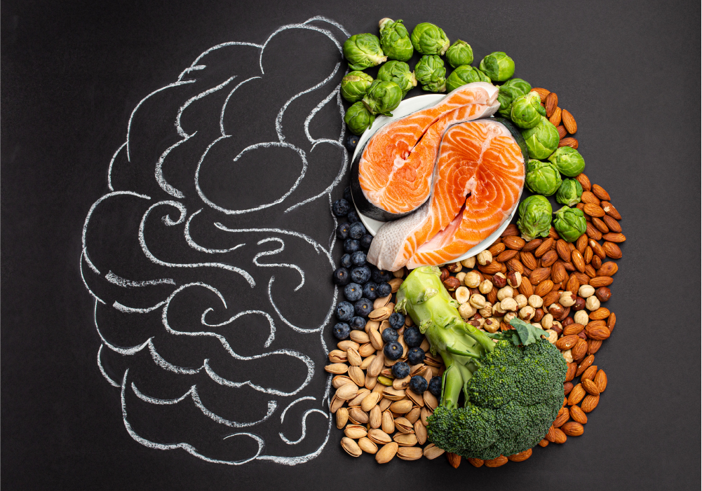 chalk drawing of brain filled with food