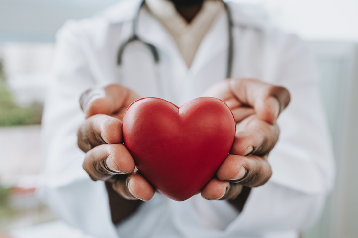 Medical professional holding a toy heart.